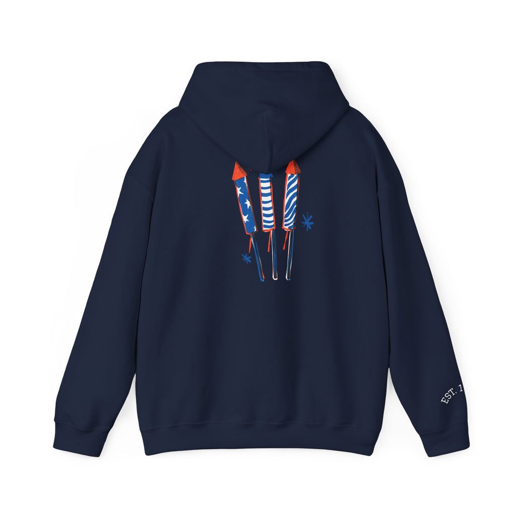 Patriotic Hoodie – 'Merica Uncle Sam Hat & Fireworks Back Print (4th of July Pullover)