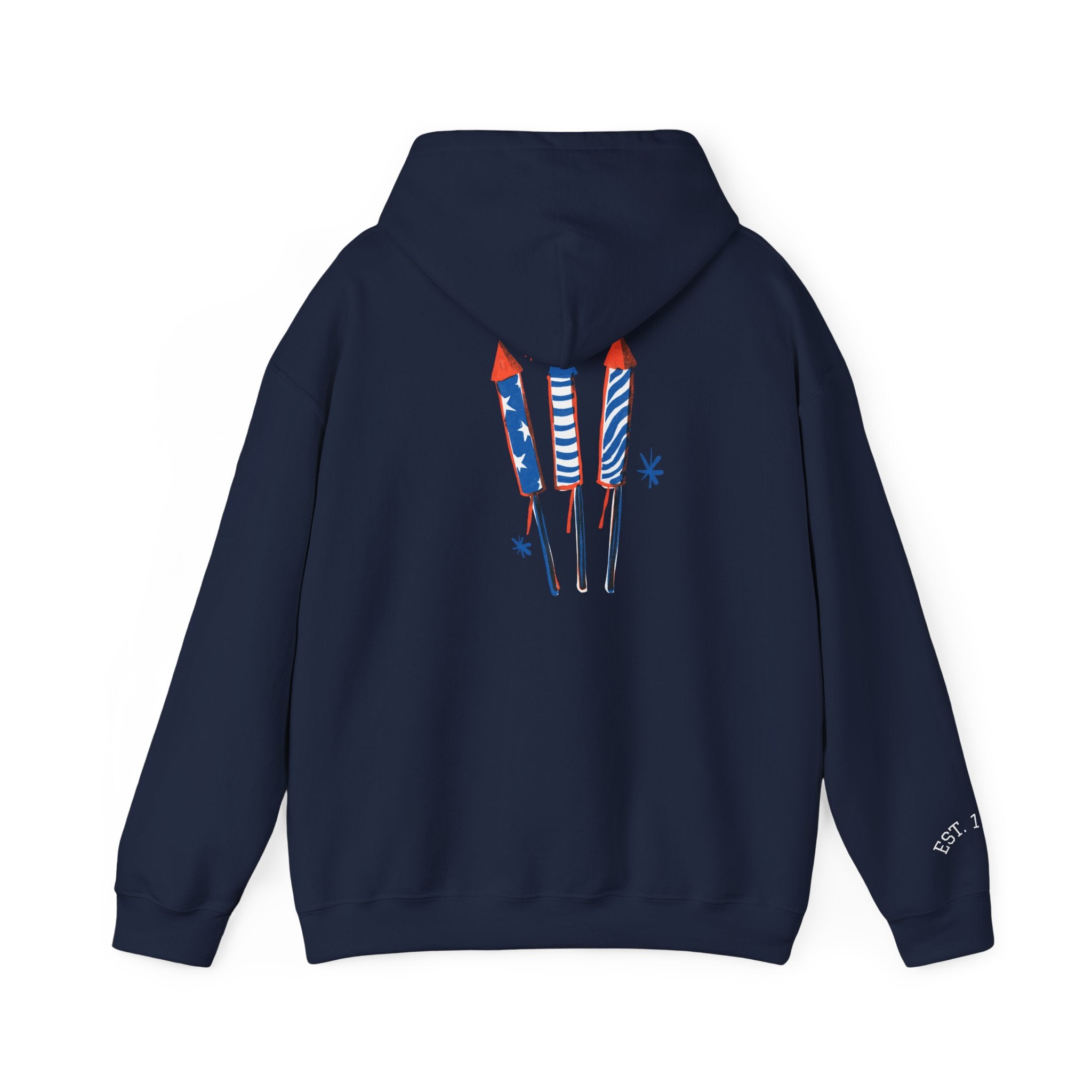 Patriotic Hoodie – 'Merica Uncle Sam Hat & Fireworks Back Print (4th of July Pullover)