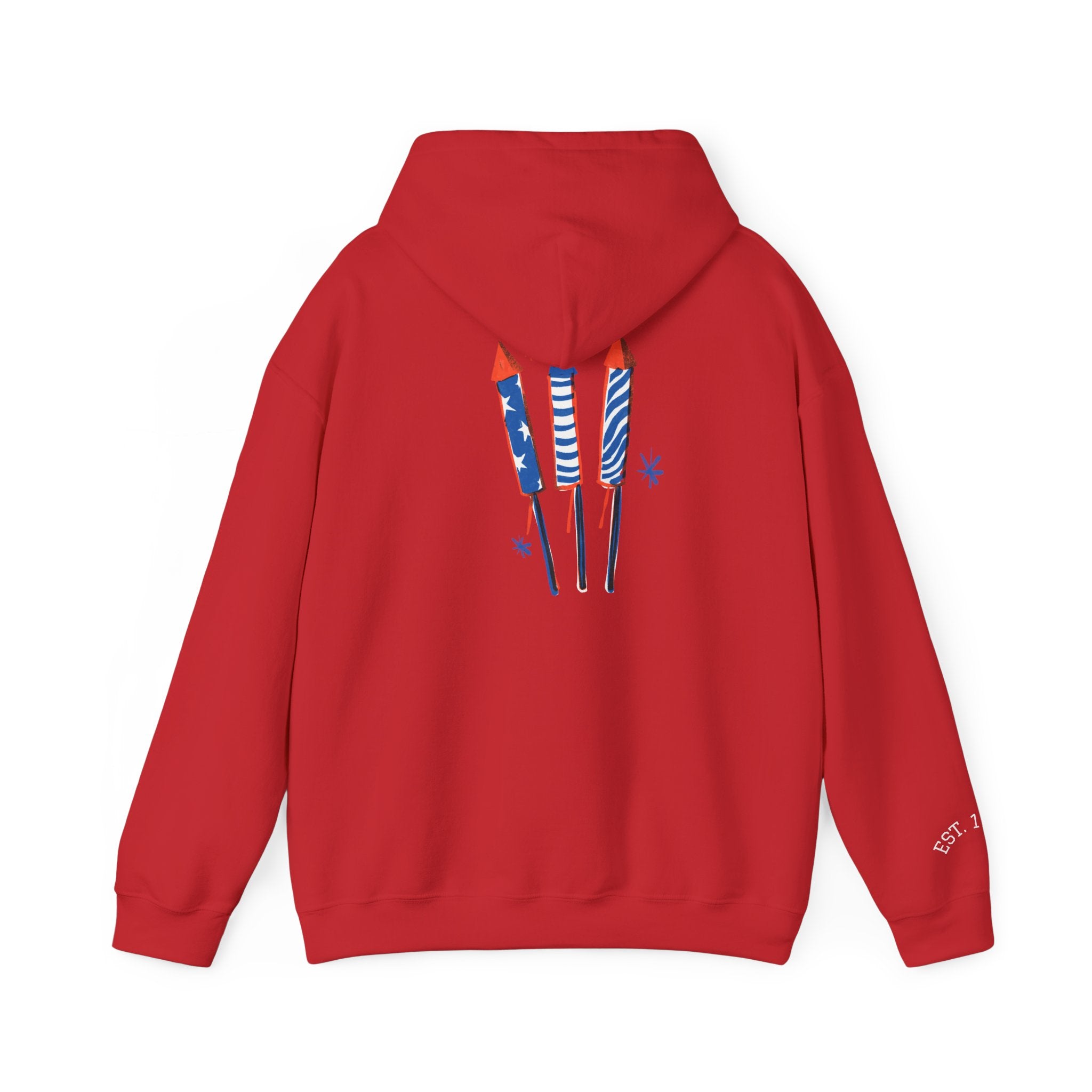 Patriotic Hoodie – 'Merica Uncle Sam Hat & Fireworks Back Print (4th of July Pullover)