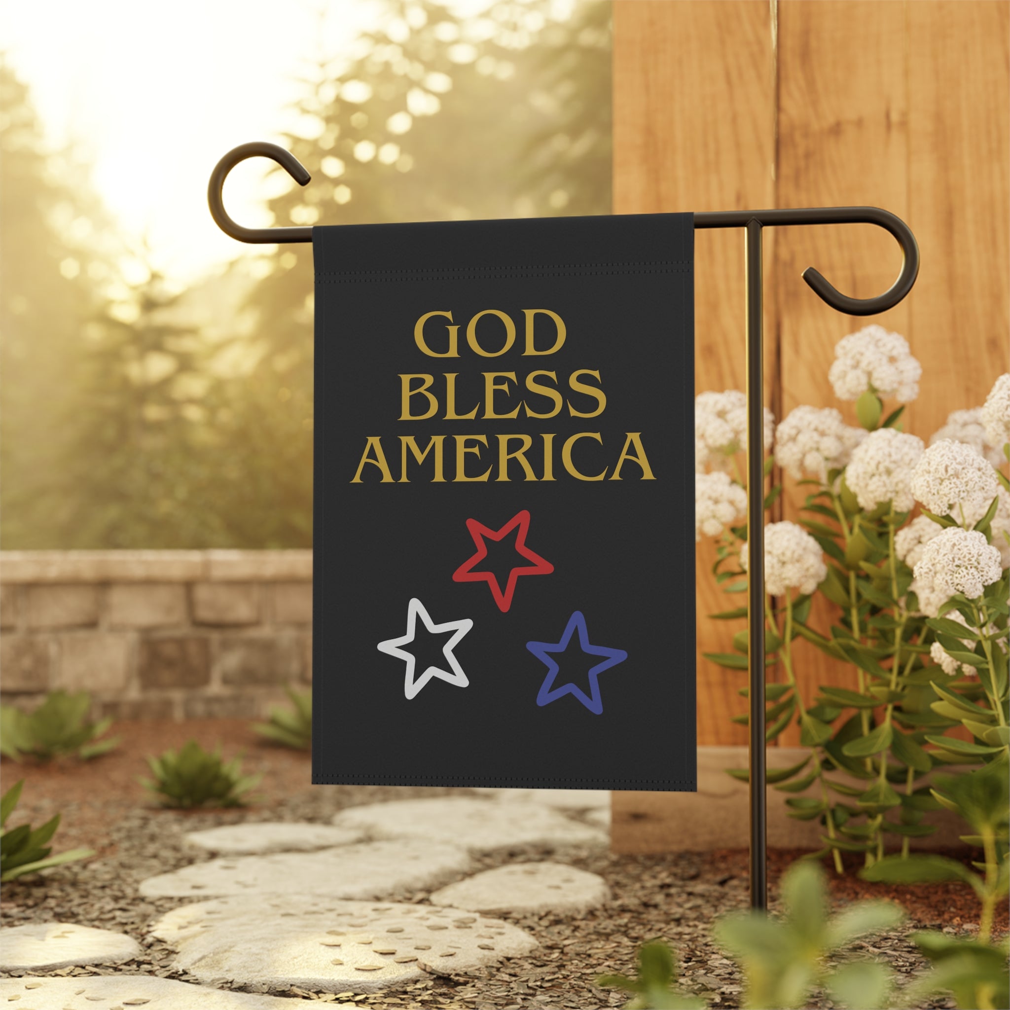 God Bless America Garden Flag — Patriotic House Banner with Red White Blue Stars
