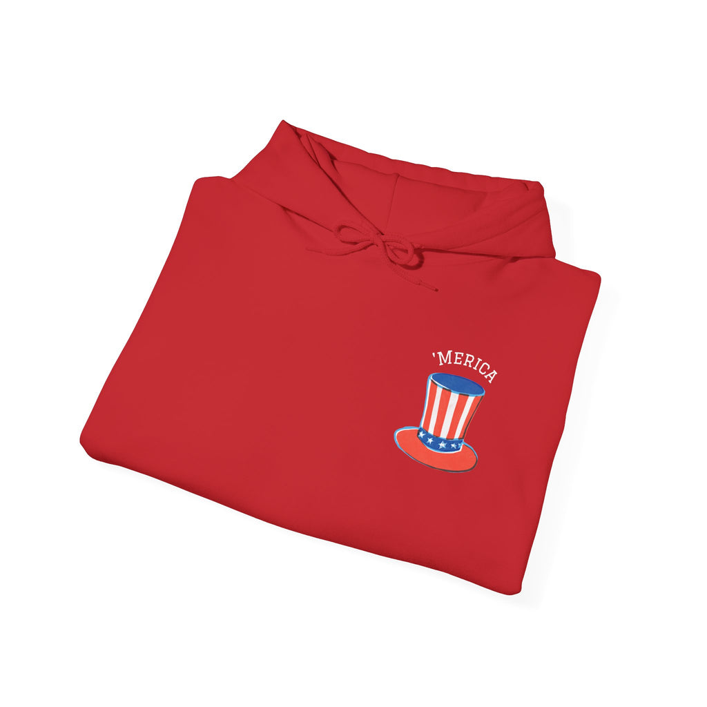 Patriotic Hoodie – 'Merica Uncle Sam Hat & Fireworks Back Print (4th of July Pullover)