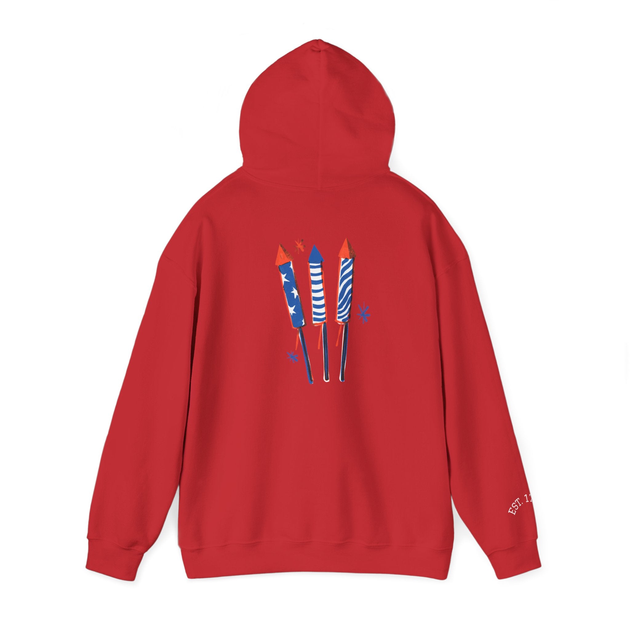 Patriotic Hoodie – 'Merica Uncle Sam Hat & Fireworks Back Print (4th of July Pullover)