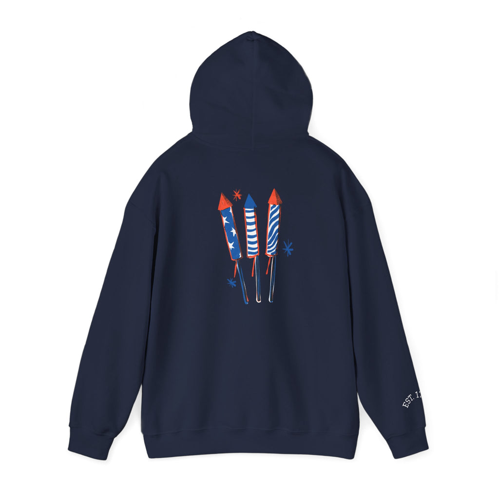 Patriotic Hoodie – 'Merica Uncle Sam Hat & Fireworks Back Print (4th of July Pullover)
