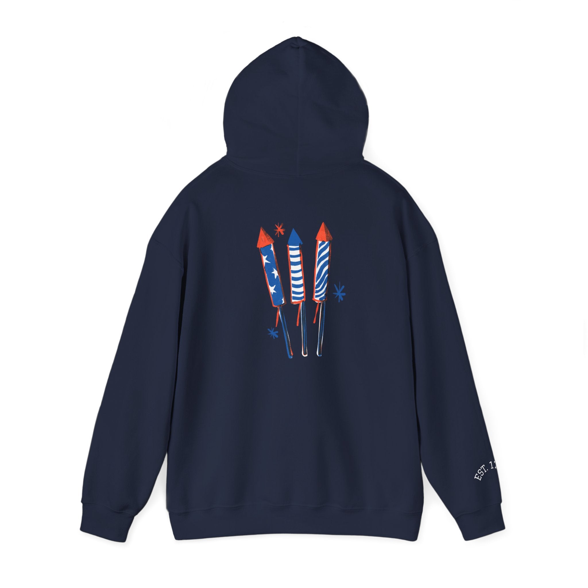 Patriotic Hoodie – 'Merica Uncle Sam Hat & Fireworks Back Print (4th of July Pullover)