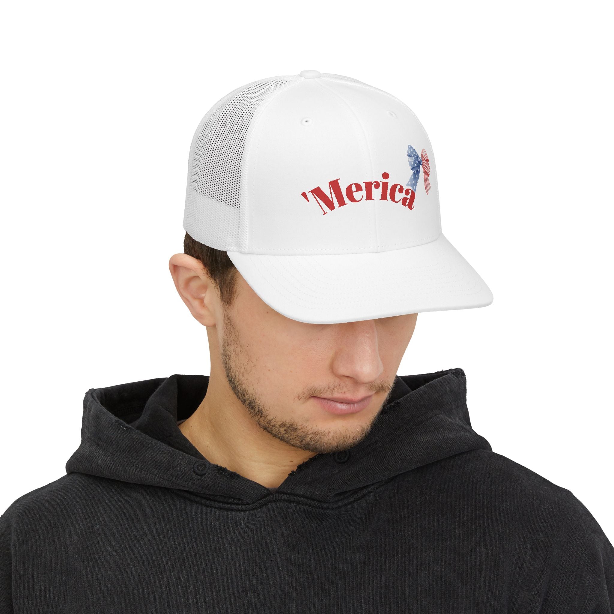 'Merica Patriotic Trucker Cap – American Flag Bow Snapback Hat for 4th of July