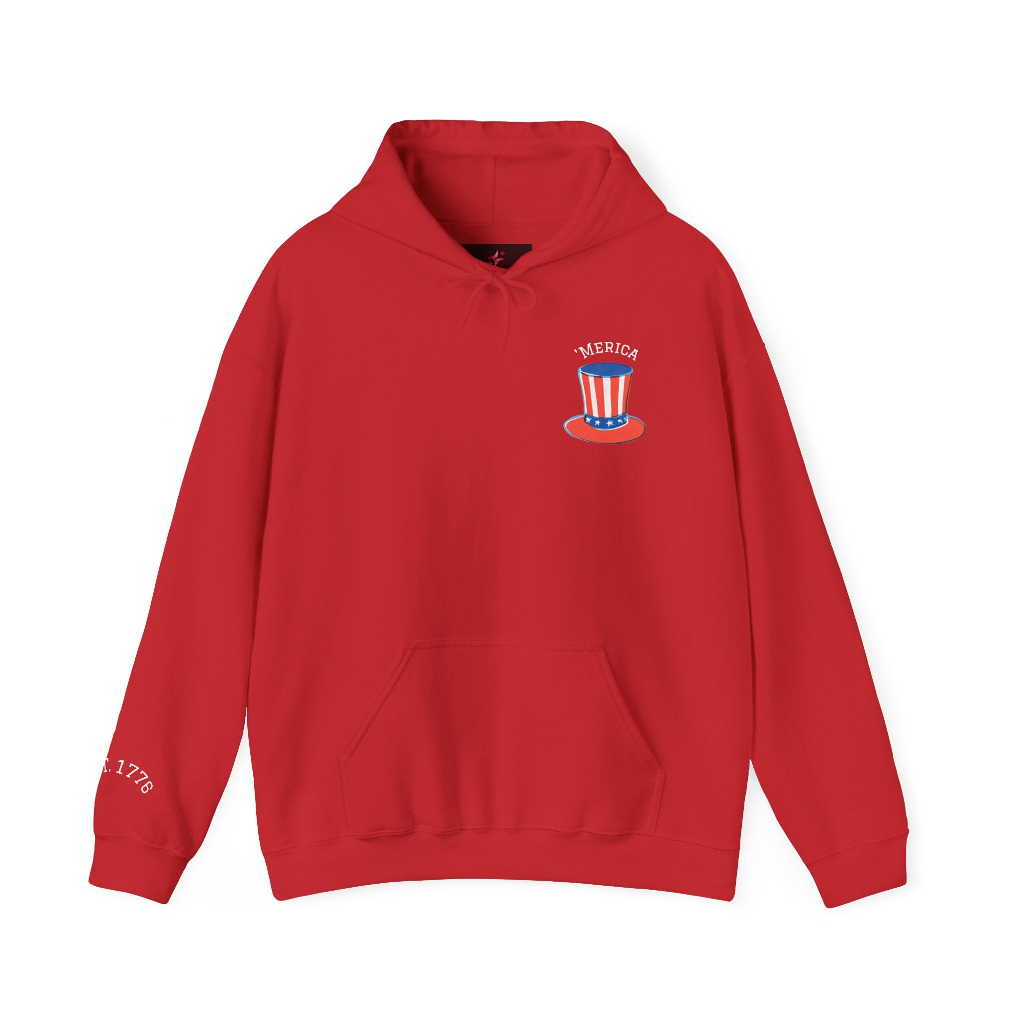 Patriotic Hoodie – 'Merica Uncle Sam Hat & Fireworks Back Print (4th of July Pullover)