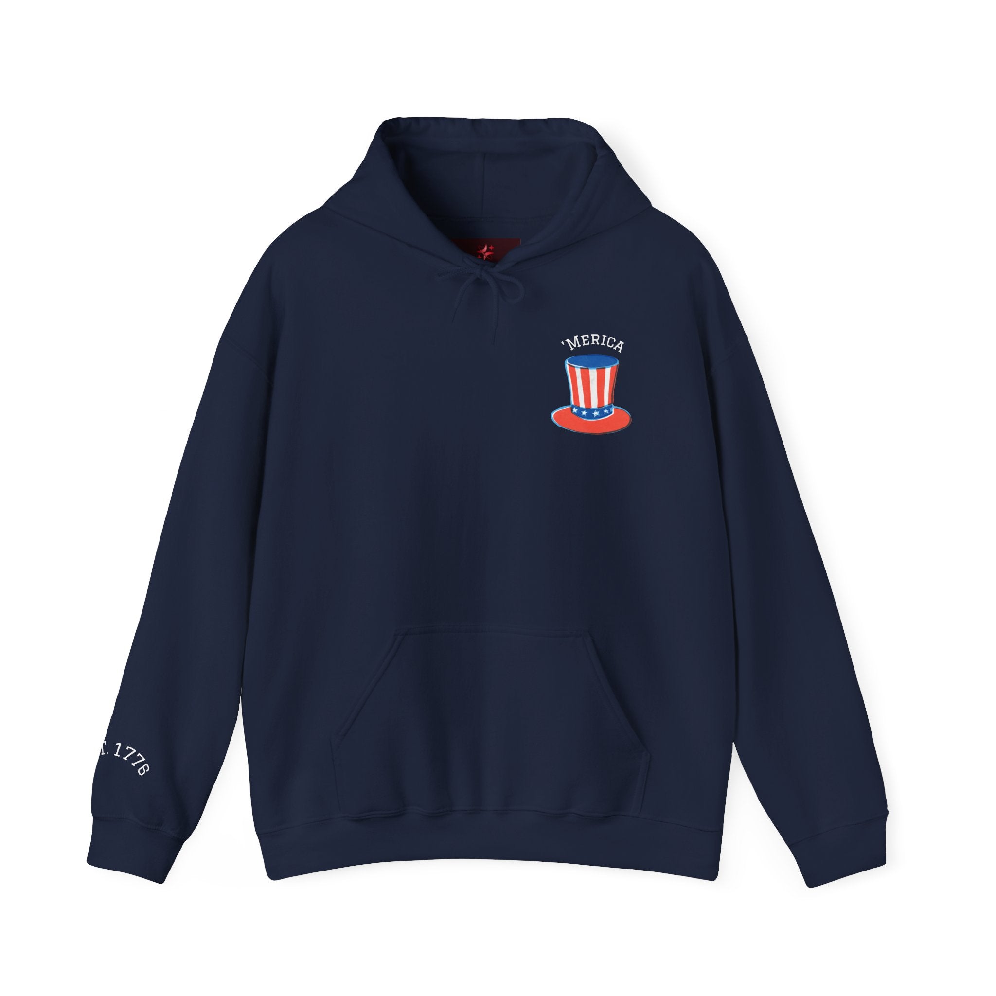 Patriotic Hoodie – 'Merica Uncle Sam Hat & Fireworks Back Print (4th of July Pullover)